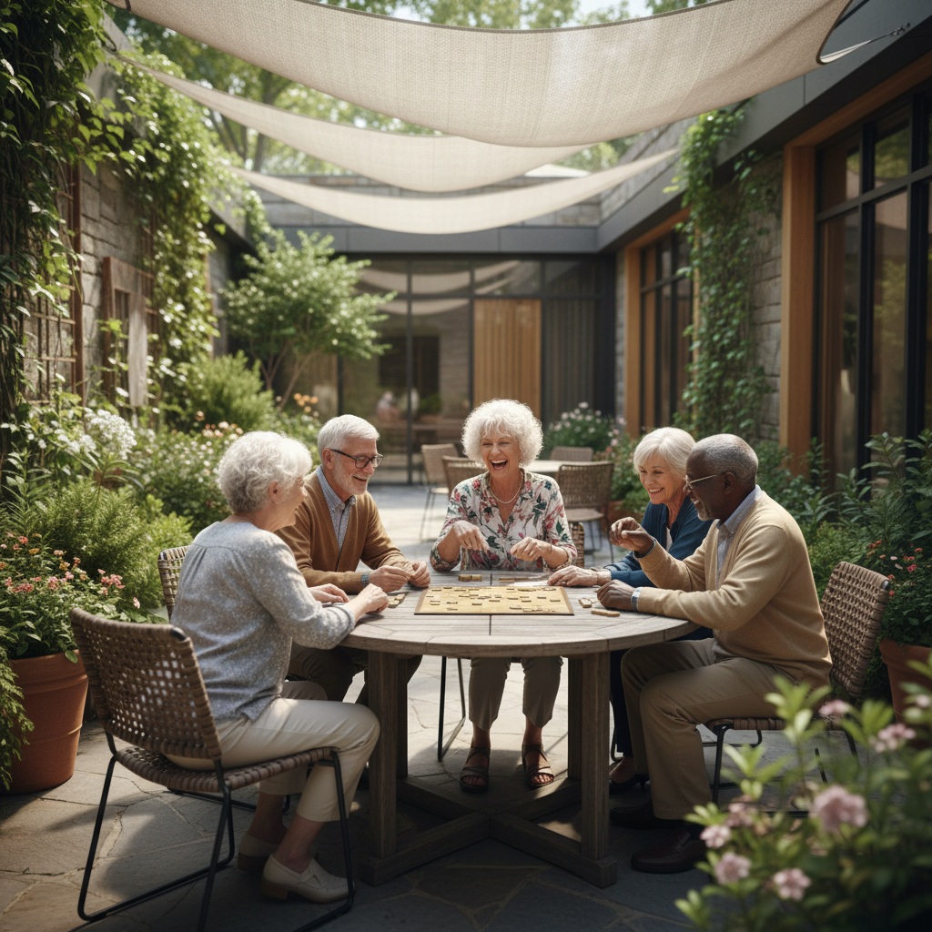 Idosa sorrindo e interagindo com cuidadora no Recanto dos Jerivás